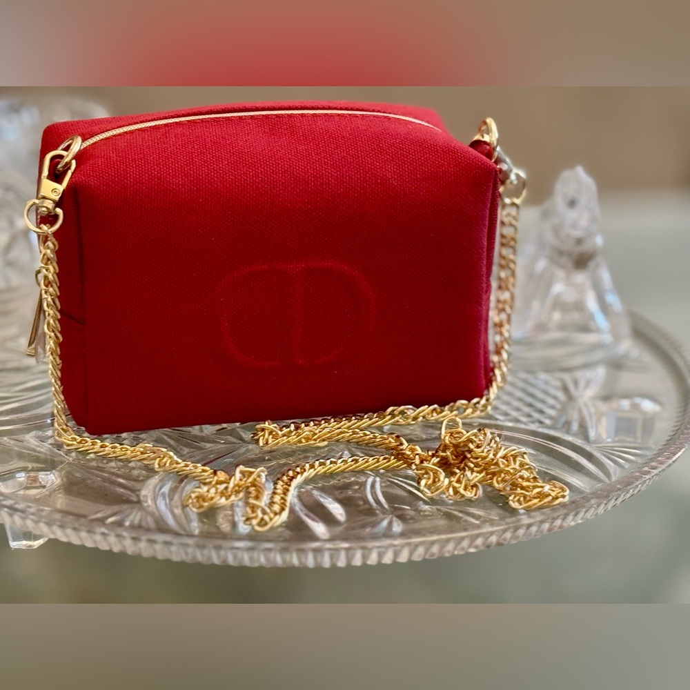 With Charm ;Dior Vibrant Red Canvas Cosmetic Sling with rich gold chain - Picture 12 of 17